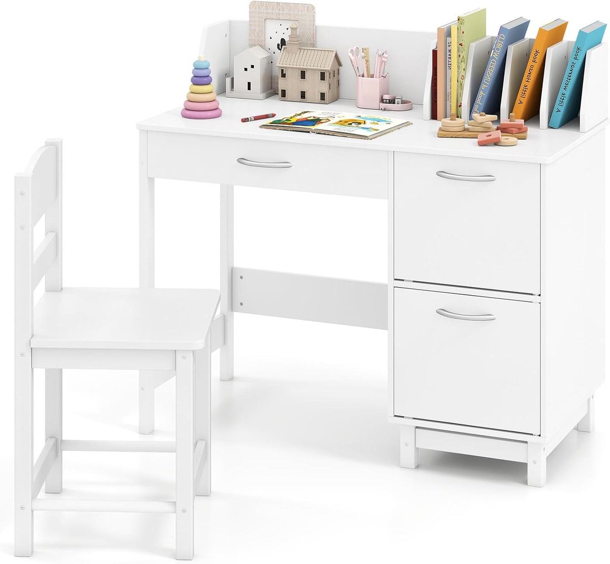 Kinder bureau met stoel - Studie set - Leren en knutselen - Veel opbergruimte - 90x44cm tafelblad - Wit