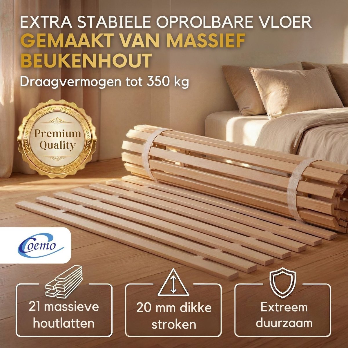 Coemo oprolbare lattenbodem 160 x 200 cm - van beukenhout – extra stevig – 21 latten, hoog draagvermogen – belastbaar tot 350 kg – geen montage nodig