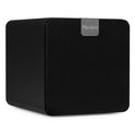 Zwarte Audizio SW80D subwoofer met afgeronde hoeken en een grijze Audizio logo-clip.