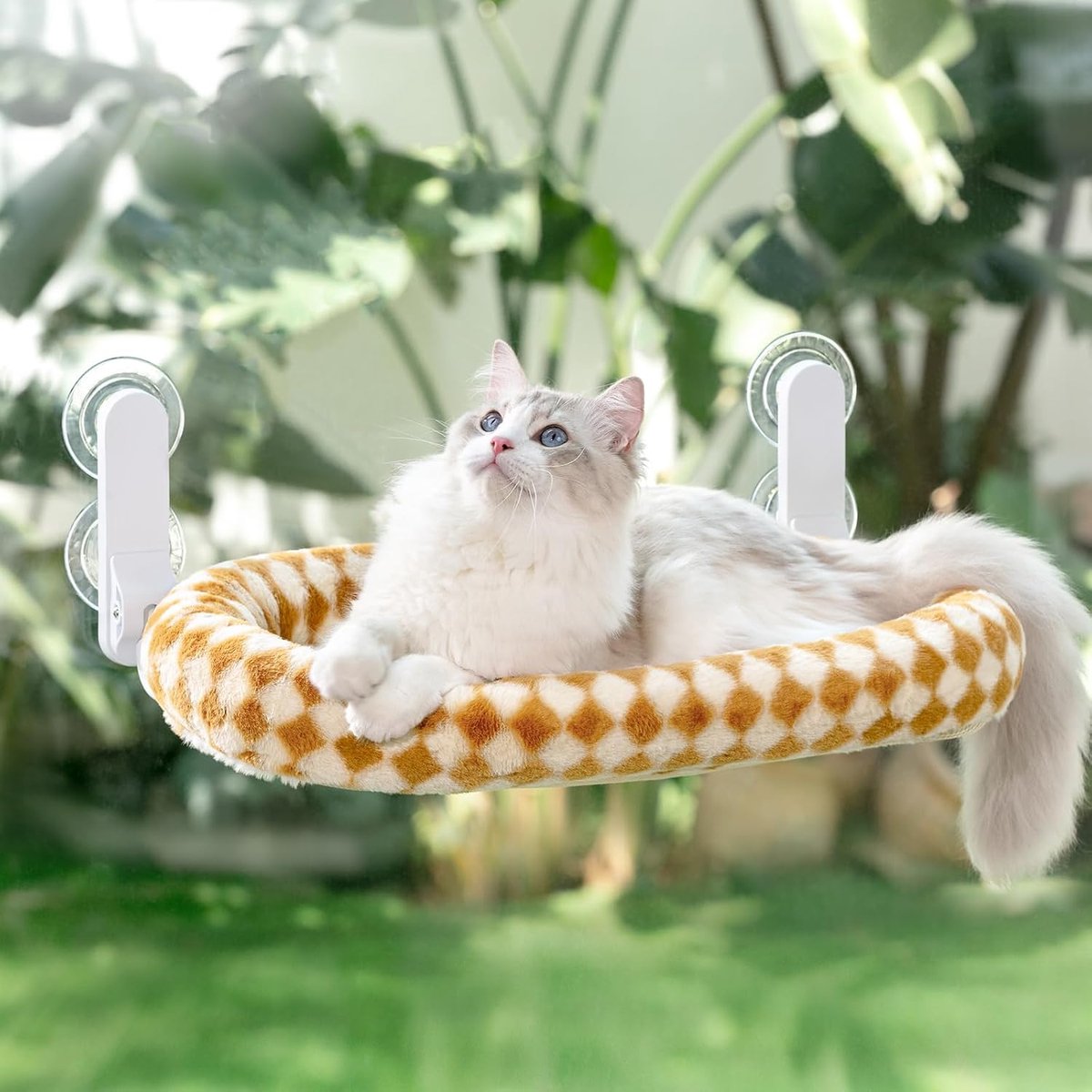 Katten Vensterhangmat Opvouwbaar Voor Fensterscheiben Met 4 Zuignappen Wendebare Hoes Vensterbank Bis zu 18kg Katze 54x30cm (Bruin, M)