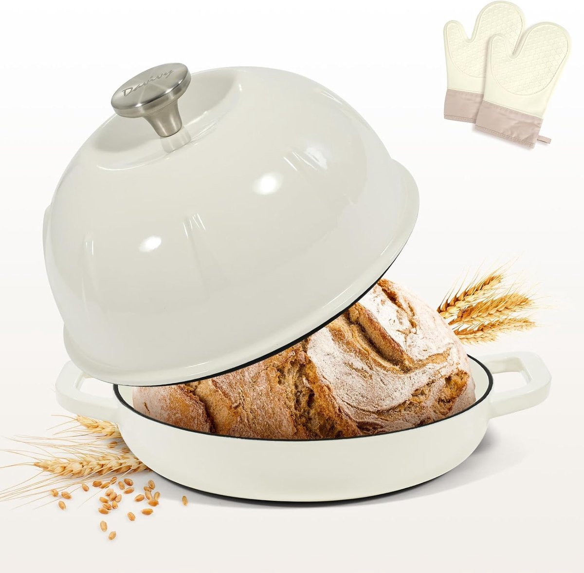 Gietijzeren Nederlandse oven voor zuurdesembrood, Hollandse ovenpan met koepelvormig deksel, gietijzeren broodpot - met ovenwanten, wit