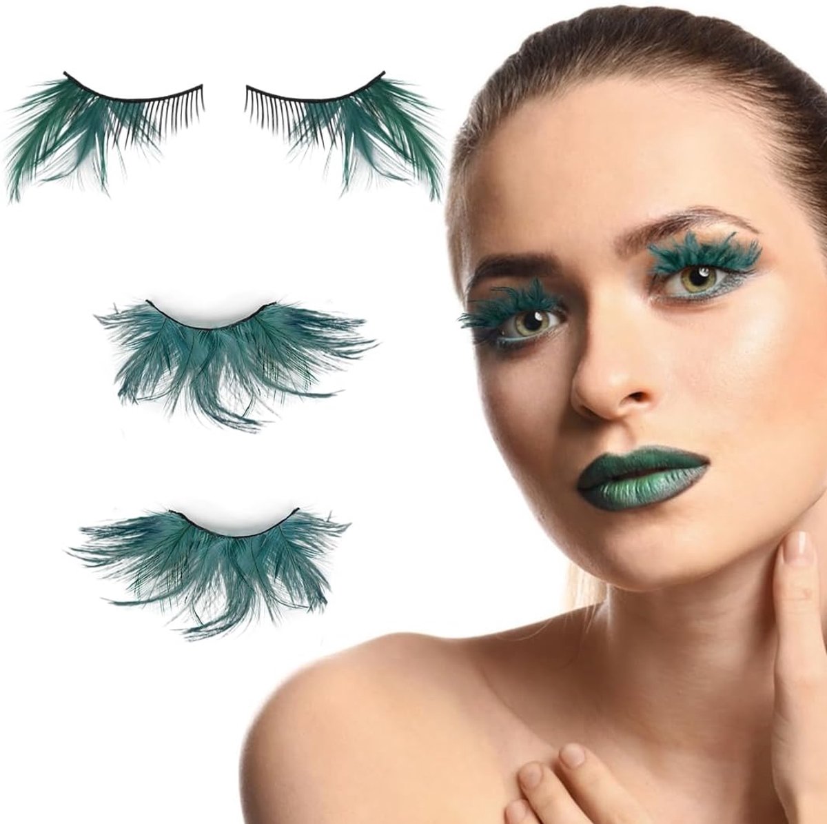 2 paar, groene veren, pauwengroene wimpers voor feest, cosplay, themafeest, carnaval, maskerade, podium, Halloween