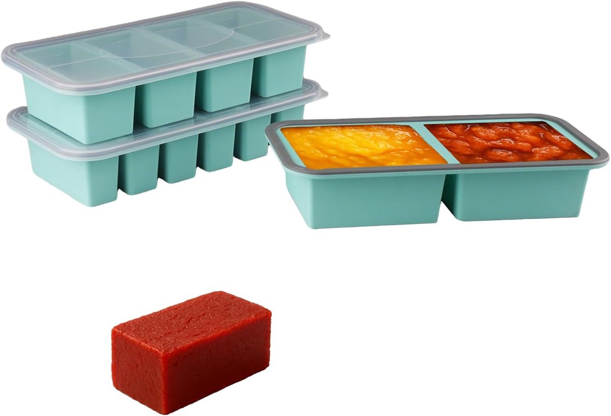 3-delige Souper Cubes siliconen vriesvormenset, 2 + 4 + 6 vakken met roestvrijstalen frame, lekvrij, stapelbaar met deksel, voor het invriezen en bewaren van bouillon en saus