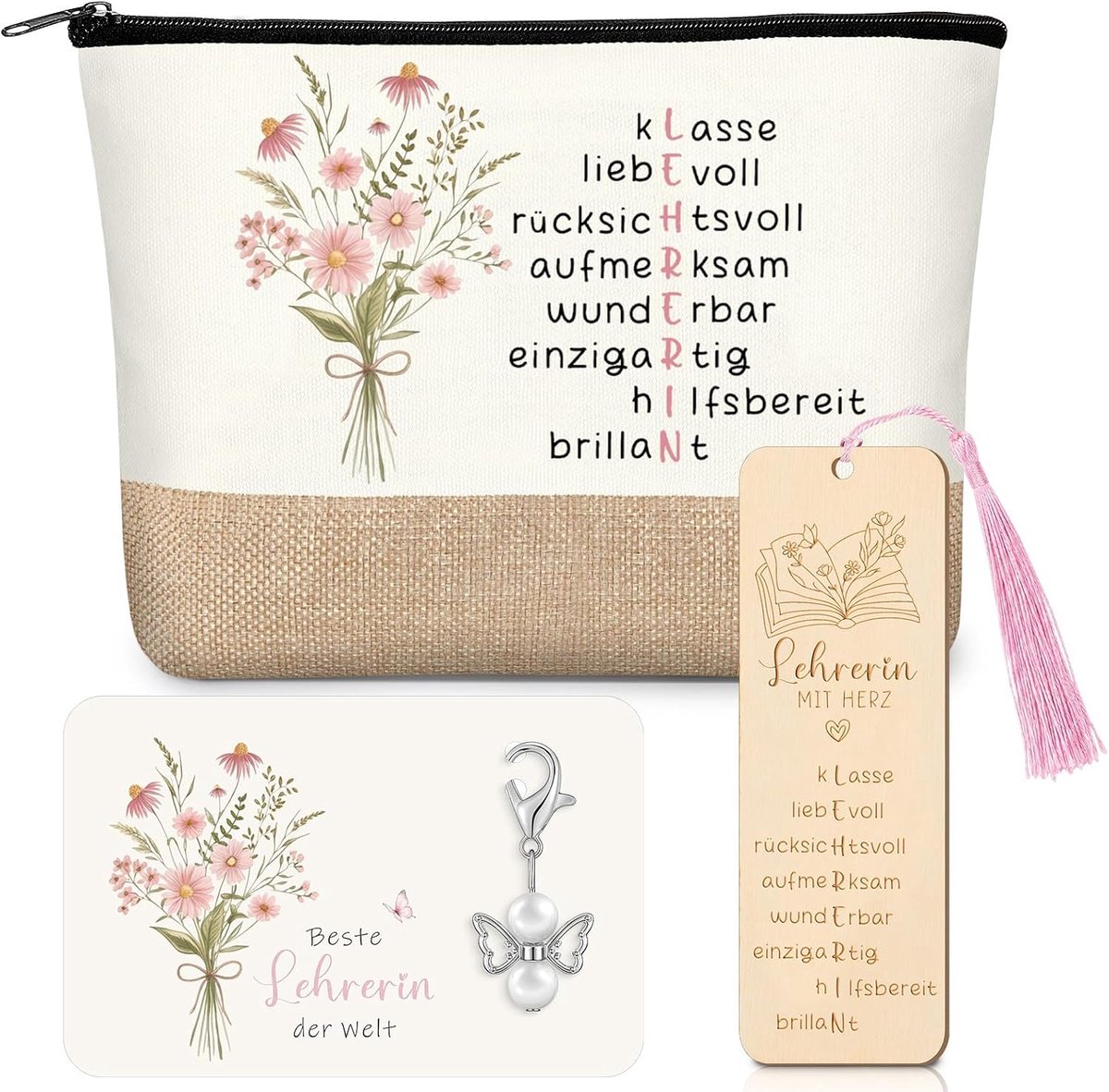 4-Delige Cadeauset Voor Leraren Afscheidscadeau Cosmetische Tas Houten Boekenlegger Met Kwastje Sleutelhanger Met Beschermengel Bedankkaartje Jute Toilettas Voor Dames