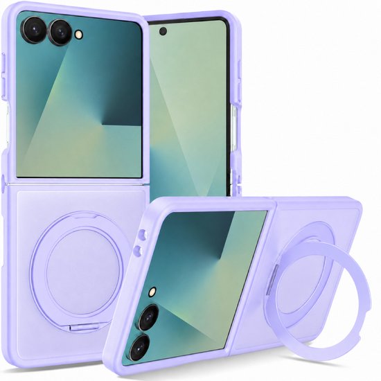 Coque de téléphone violette avec un support annulaire pliable à l'arrière, présentée dans des positions ouverte et fermée.