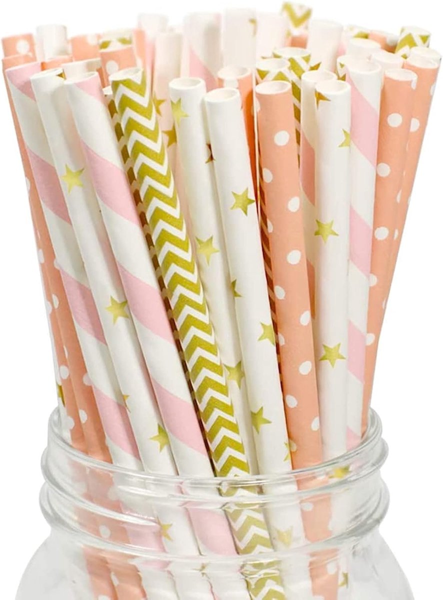 Rietjes, papieren rietjes, 100 stuks papieren rietjes voor verjaardag, feest, bruiloft, babyparty, Valentijnsgroet, strepen bloemenster en stippen, roze/goud