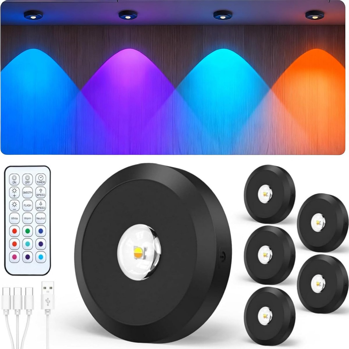 led, kastverlichting, RGB, led-spot, accu, USB-oplaadbaar, mini, 180 uur, energiebesparend, magneet, dimbaar, onderbouwlamp, draadloos, keuken, kastverlichting met timer