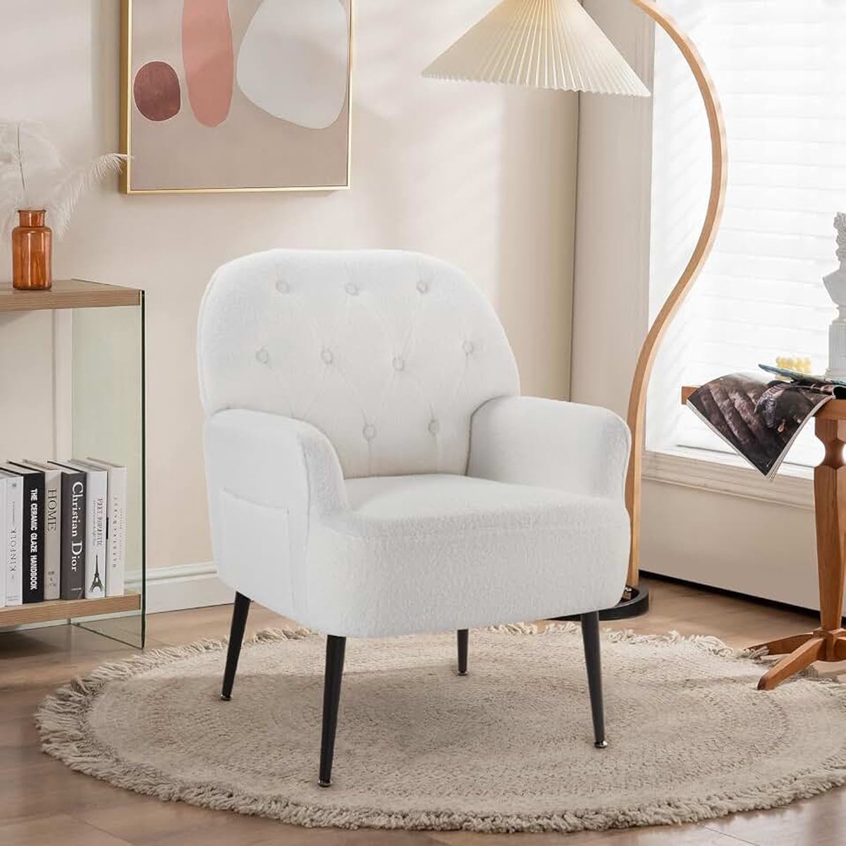 Fauteuil voor woonkamer, teddy pluizige stof accentstoel voor slaapkamer, kuipstoel leesstoel comfortabele grote mid-eeuw gelegenheidsstoel, metalen poten, wit