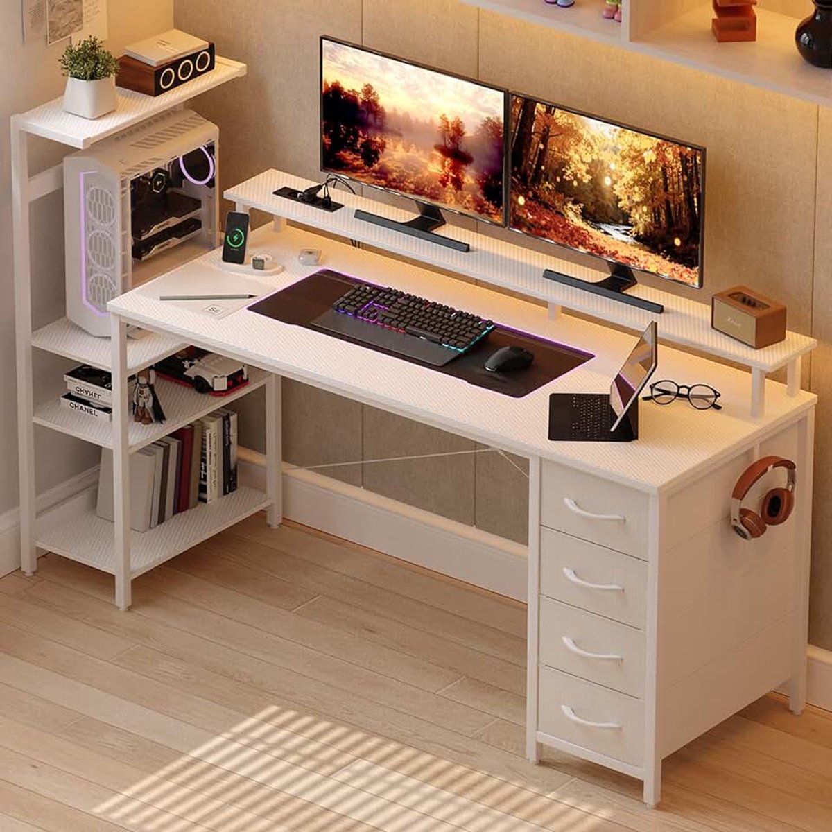Gamingtafel met ledverlichting en stopcontact, 150 x 50 cm, computerbureau met laden, koolstofvezel, wit