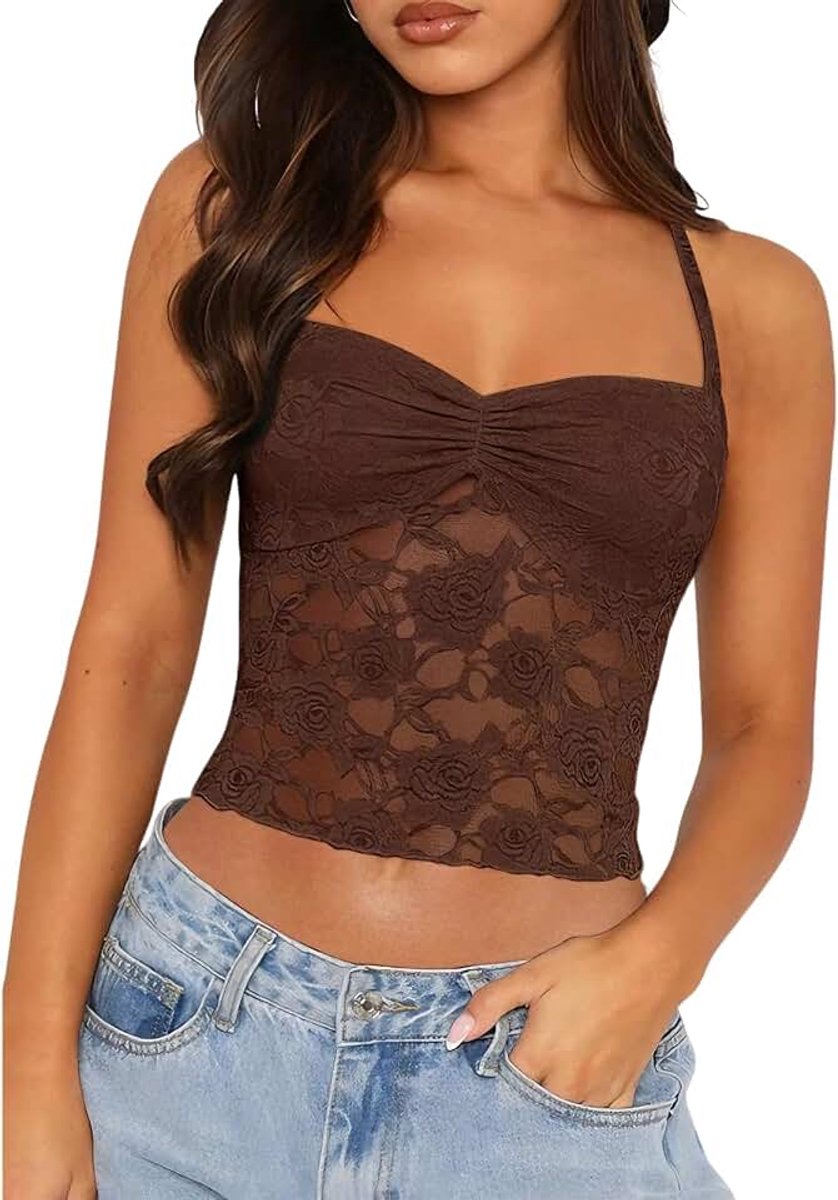 Y2k kanten top voor dames, crop top voor dames, Y2k, stretchy doorschijnend, nauwsluitend, transparante crop, spaghettibandjes en netstof