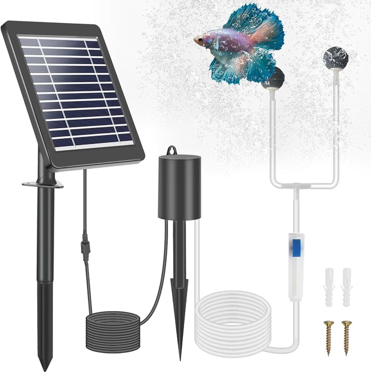 Zuurstofpomp voor vijver op zonne-energie, 4W vijverbeluchter op zonne-energie met 2200mAh accu, vijver luchtpomp met zuurstofbuis en luchtbellensteen, luchtpomp aquarium oxygenator voor