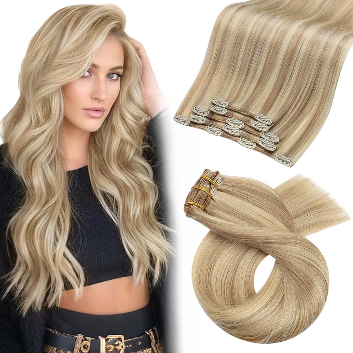 Clip-in extensies van echt haar, 55 cm, goudblond met middenblond, echt haar extensies, clip, 5 stuks, 80 g, kort, glad haar, gemakkelijk te dragen #16/22