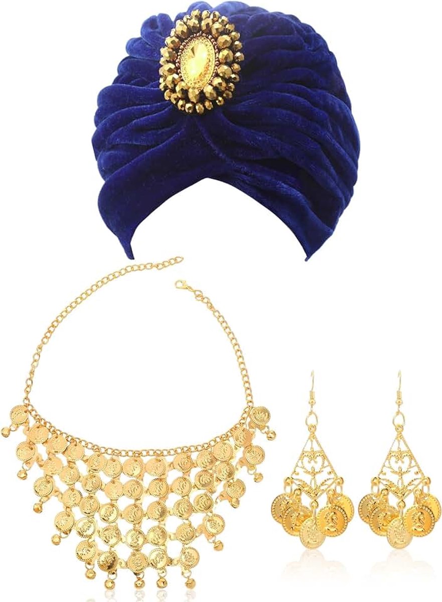 Accessoires voor dames, Indiase tulbandhoed + gouden munt-halsketting en oorbellen, Indiase kostuumaccessoireset voor carnaval, rollenspel, feestdag