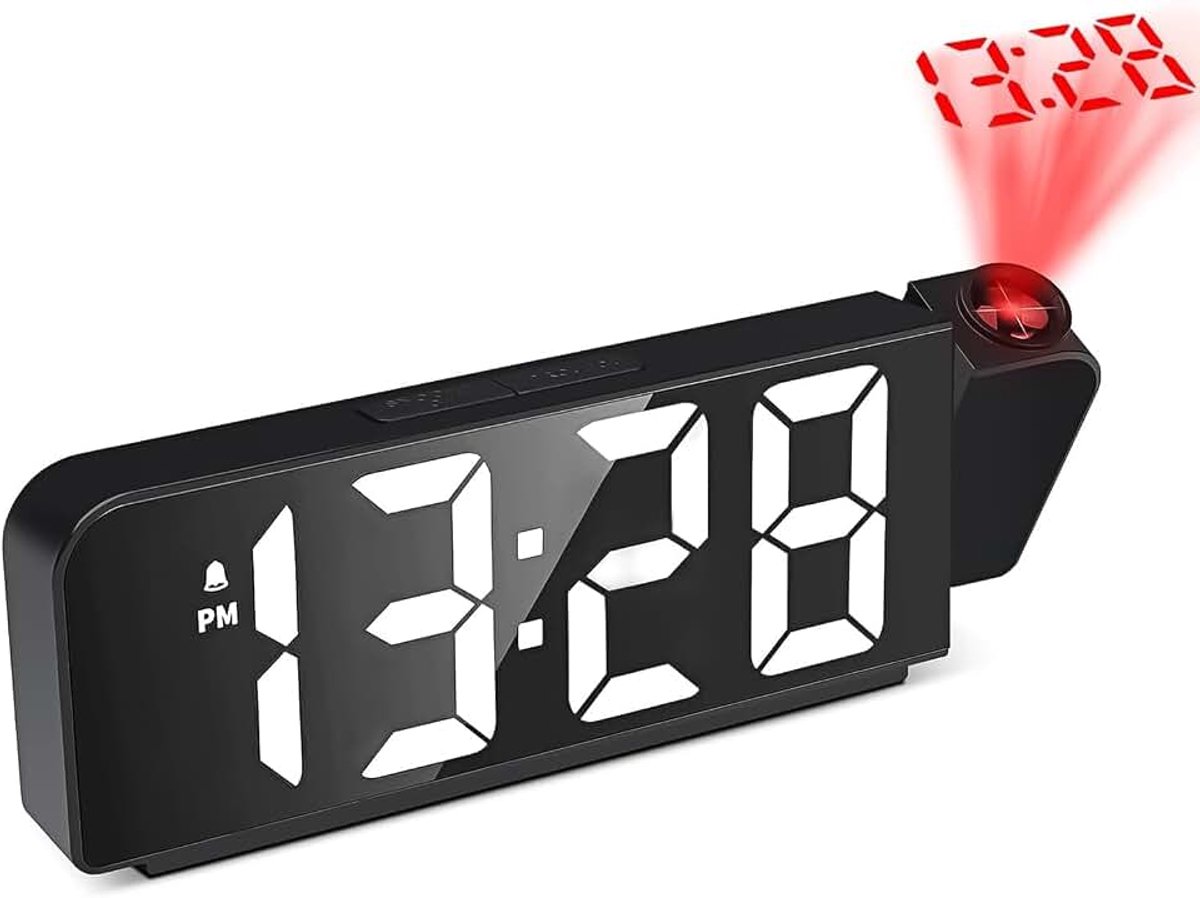 Projectiewekker voor slaapkamer met 180° projectie, digitale wekker met led-scherm, temperatuurweergave, 12/24-uurs display, USB-aansluiting, nachtkastje en kantoor