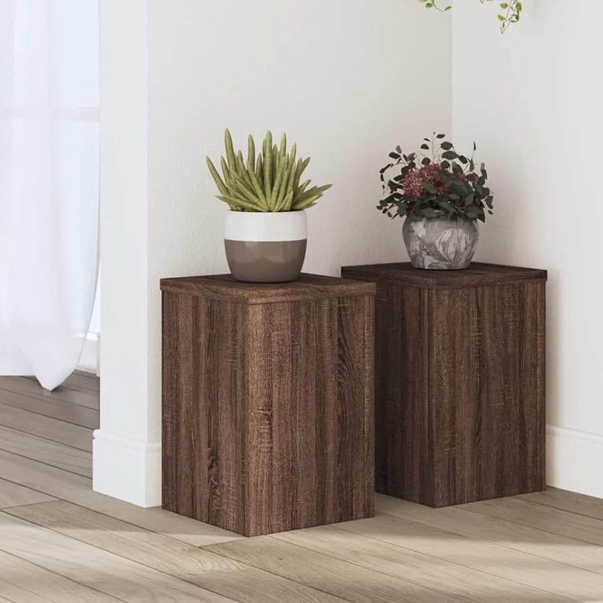 2 stuks, van houtmateriaal, 20 x 20 x 30 cm, bloemenstandaard met stabiele bovenplaat en holle constructie, tijdloos design voor decoratieve artikelen