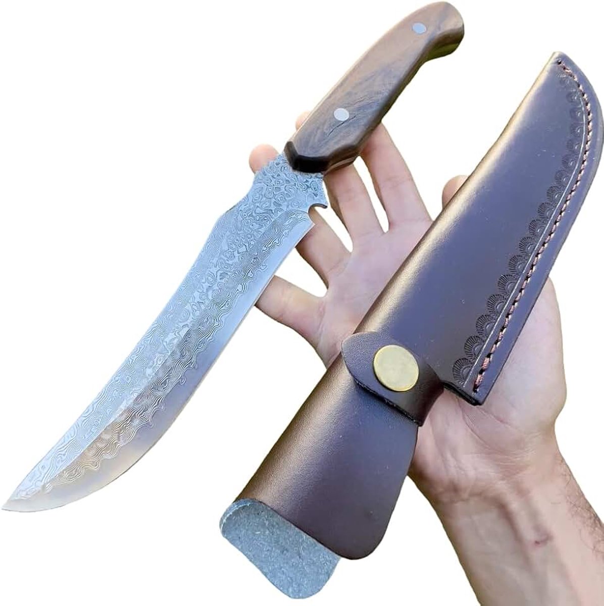 Damas Mes Handgesmeed vaste lemmet Suminagashi Japans scherp houten handvat plantaardig lederen schede buiten kamperen wandelen Geschenk Man Jacht EDC Ambacht Tanto stevig Full Tang