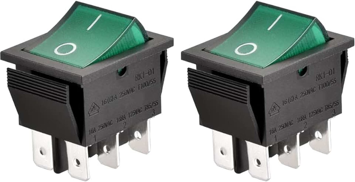 Schakelaar ON-OFF DPDT 6 terminals groen licht verlicht 16A 250VAC 2Pack