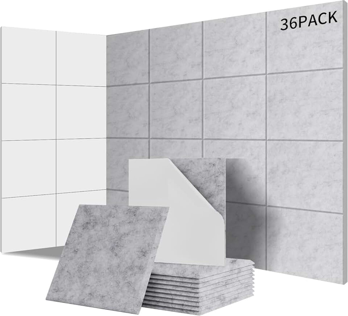 Pak van 36 vierkante akoestische panelen, zelfklevend,dekt 3,24m², geluidsisolatie voor muren en deuren - 230 kg/m³, NRC 0,95, 100% polyester, ideaal voor geluidsisolerende wanden,zilvergrijs