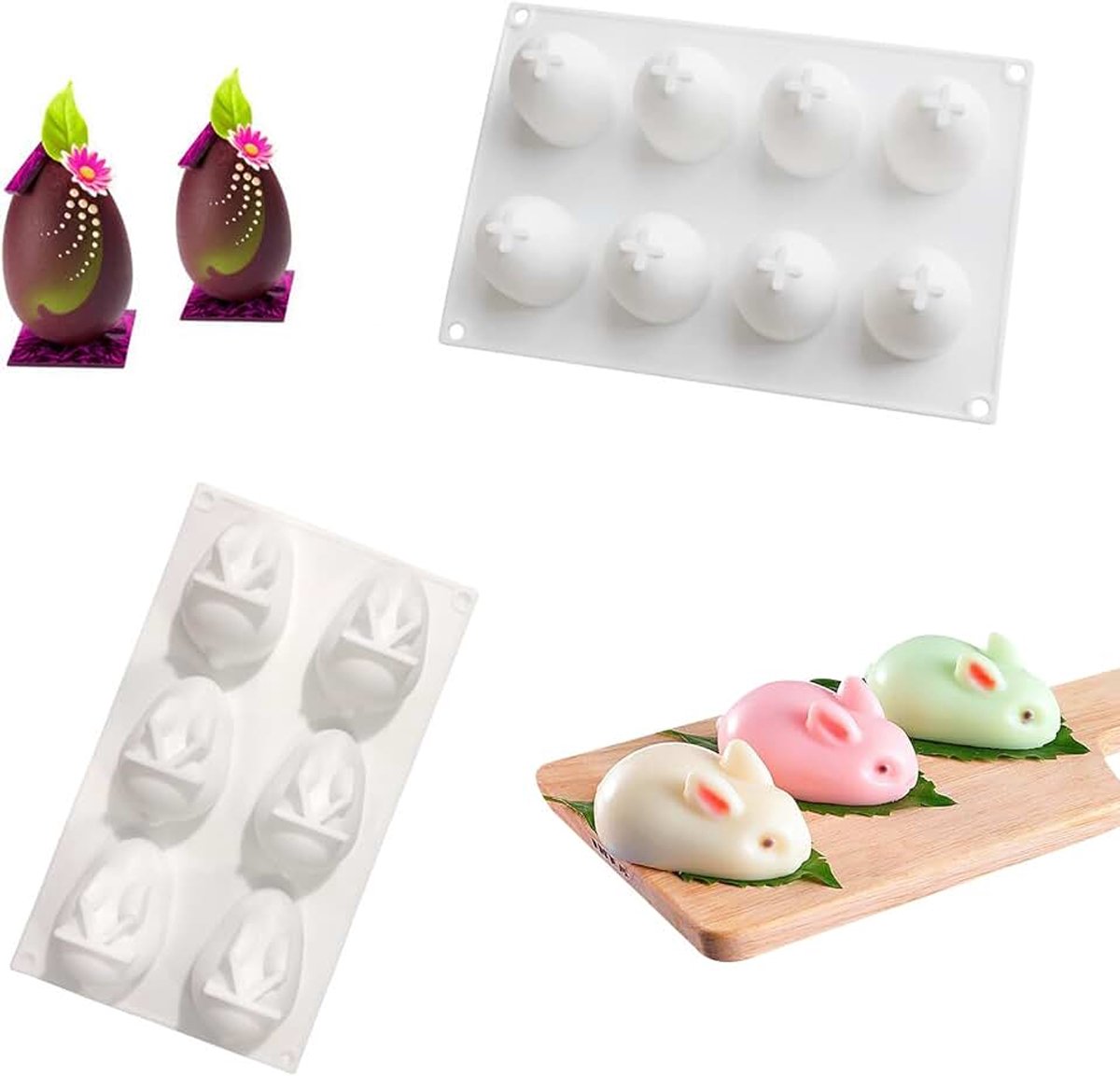 Mal - Paasvormen voor Konijn en Ei, Konijn vormige Silicone mal, Bakken mal voor Mousse, Cake Pudding, Jelly, Dessert, Fondant, Cheesecake, Zeepschaal (Multi- holte)