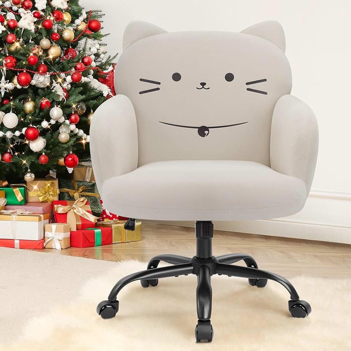 Thuiskantoorstoel, schattige fluwelen make-upstoel, bureaustoelen met brede zitting, gestoffeerde moderne getuft accent fauteuil, ergonomische computerstoelen met kattenthema voor woonkamer