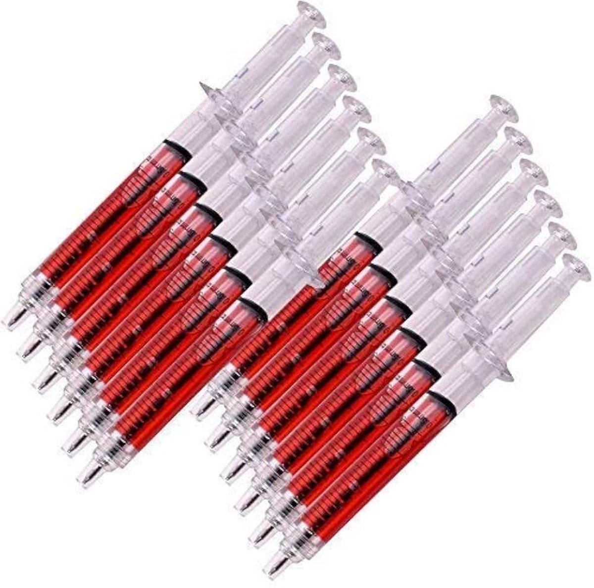 12 stuks balpen, spuit, spuitbalpen, carnaval, bekleding, accessoires, balpen, pen, potlood, 13 cm, transparant, rood