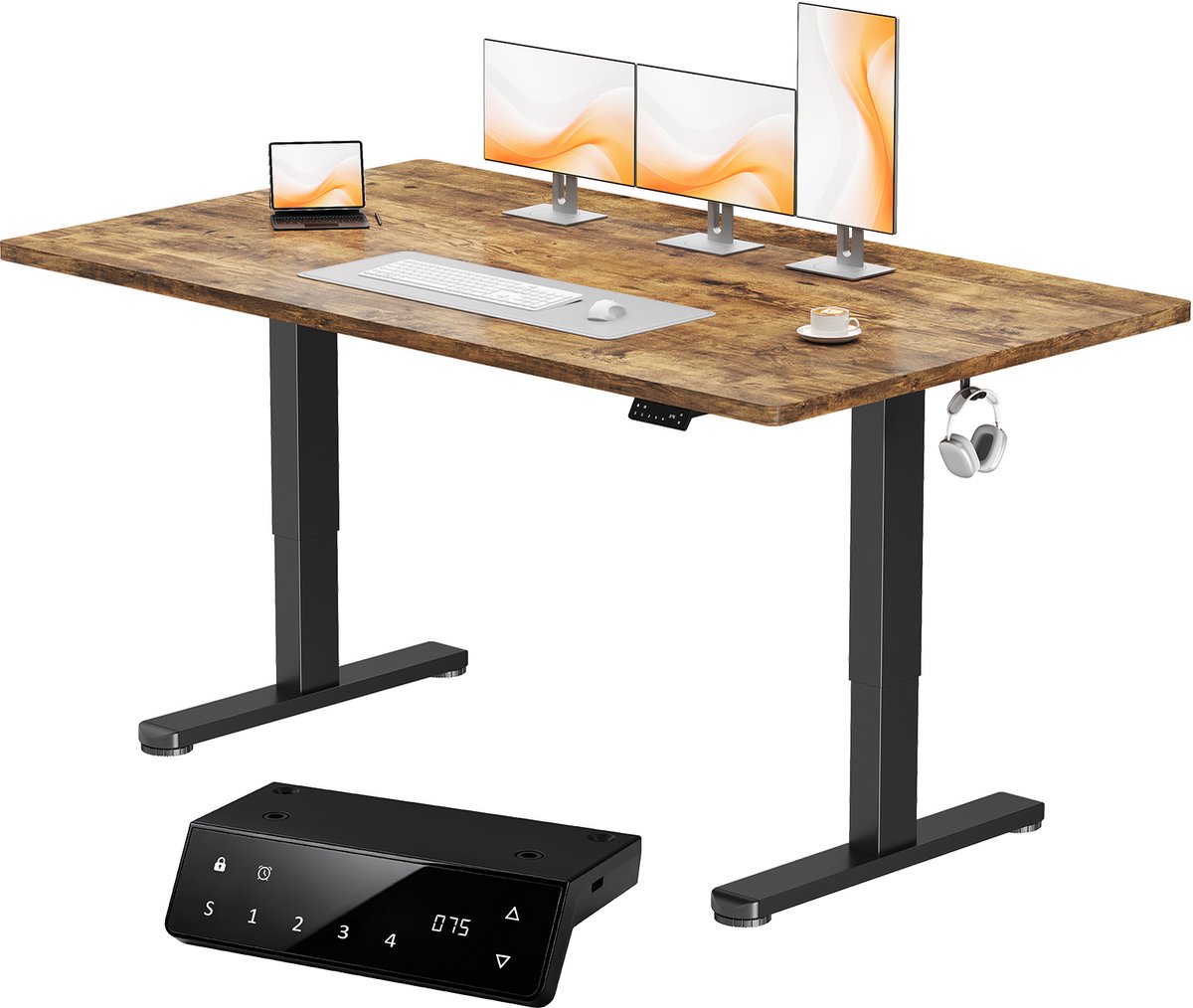 Devoko elektrisch zit-sta bureau 180 x 80 cm - dubbele motor, stevig 25 mm werkblad uit één stuk, USB en USB-C - Houtlook met brandpatroon