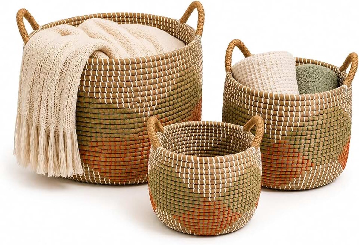 Wasmand met hengsels, verschillende maten, 56 l, 28 l + 15 l, gevlochten mand zonder deksel, handgemaakte opbergmanden van zeegras, voor wasgoed of dekens in de badkamer, speelgoed in de kinderkamer