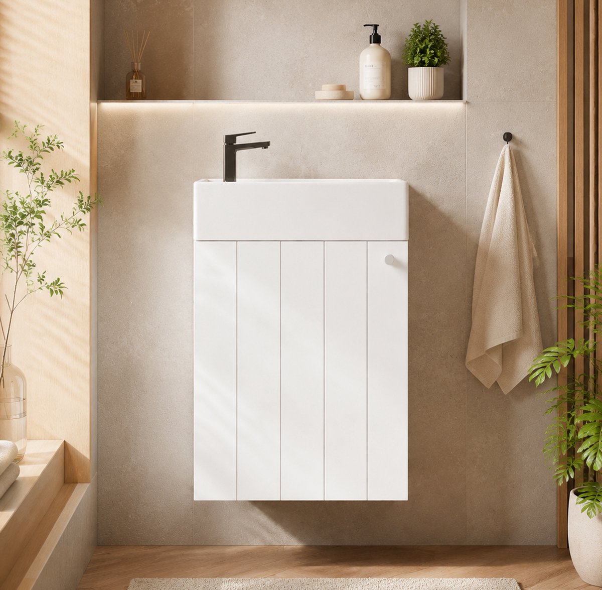 VVBV Badmeubelset 41x23x62.5 cm - Keramische Wastafel, Soft-Close, Opbergruimte, Ruimtebesparend - Wit, Keramiek & MDF