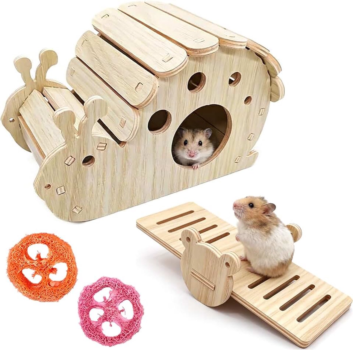 Hamsterhuis van hout in slakkenvorm, wip voor kleine dieren van hout met kikkerdesign, 2 stuks luffa knaaghulpmiddel, knaagdierhuis met bezigingswip en kauwartikelen voor hamsters, germuis