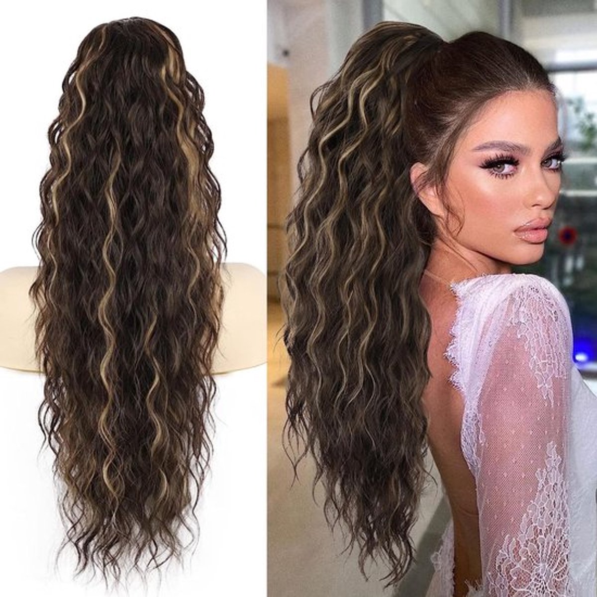 Ponytail Hair Piece Lang 76 cm met Treksnoer, Golvende Krullen in Donkerbruin met Blonde Accenten, Clip-in Staart en Vlecht voor een Natuurlijke Look
