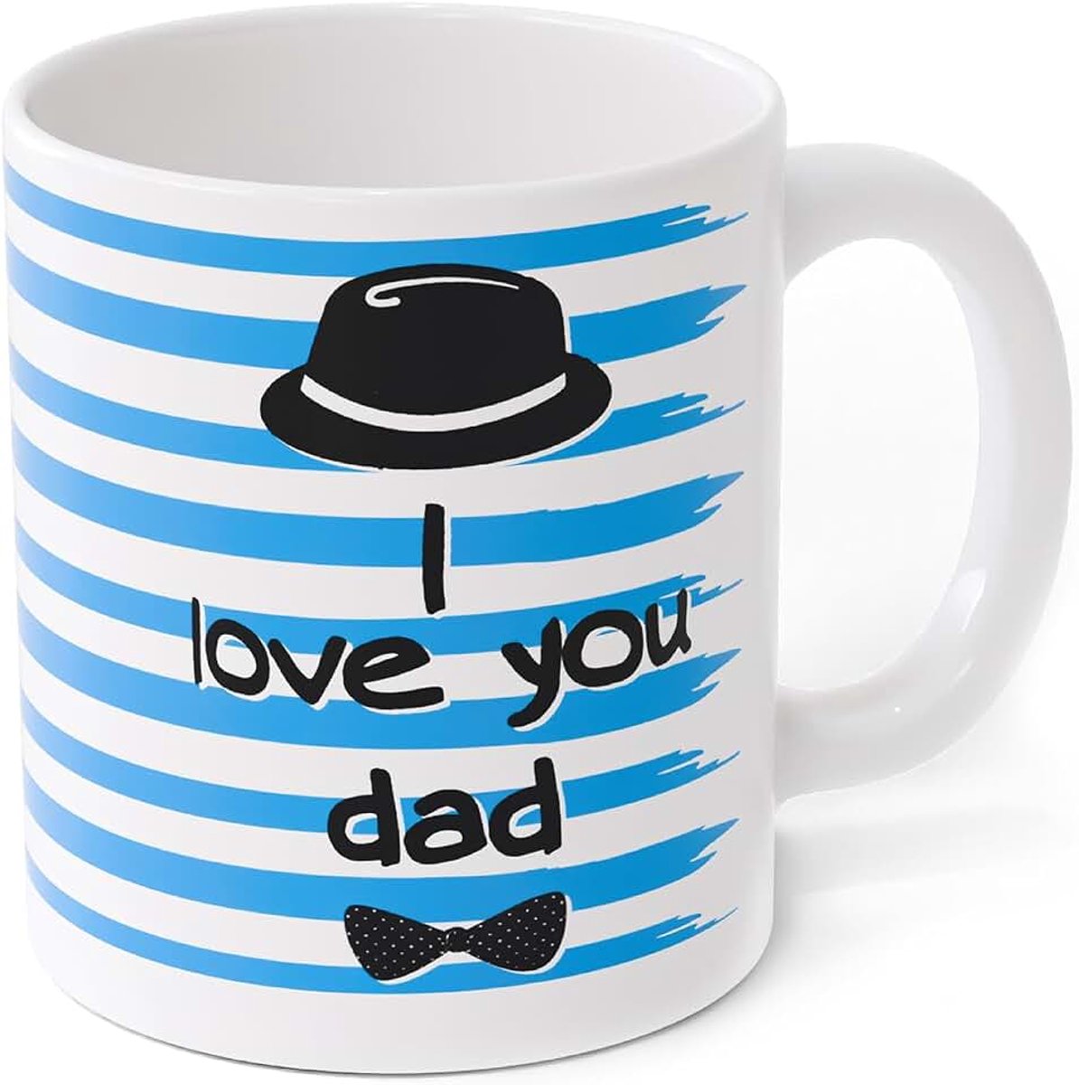 Decoratieve mok "I Love You Dad", blauw-witte strepen, decoratie met hoed en vlinderdas (papa 3)