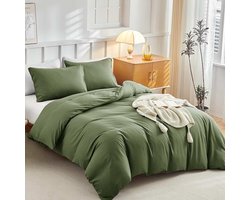 Underzy Beddengoedset 3-delig in microvezel voor bed van 135/150 cm + 2 kussenslopen van 50 x 75 cm, legergroen