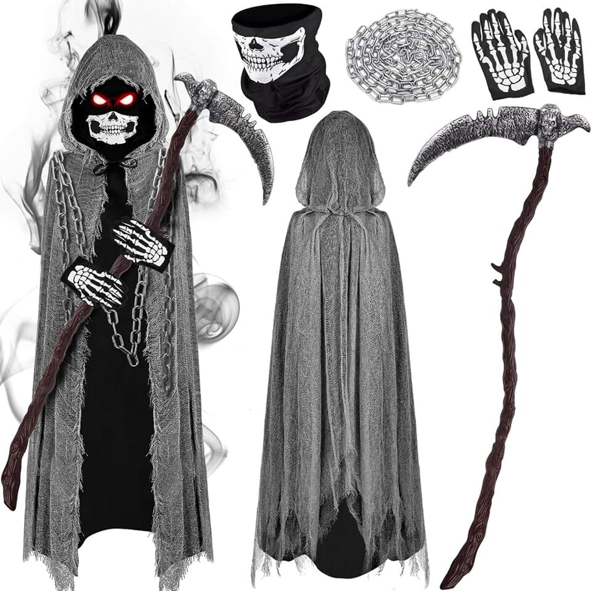 Hein kostuum set - Griezelige Halloween cape met zeis & masker & ketting & handschoenen, horror kostuum Magere Hein cape capuchon Halloween Grim Reaper kostuu Dood Death volwassenen kinderen