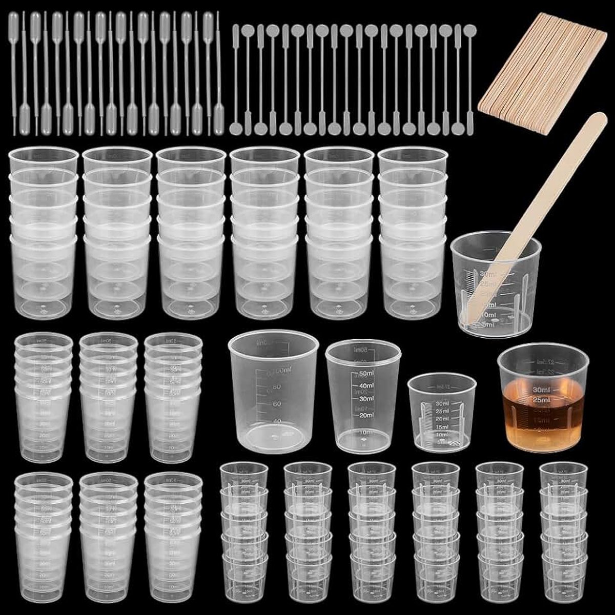 90 Stks 3 Stijlen Transparante Schaal Cups 30/50/100ml Clear Plastic Graduated Cups Gereedschap met 20 Stks Pipetten 100 Stks Houten Roerstokken 20 Stks Plastic Mengstaven voor DIY Craft Lab