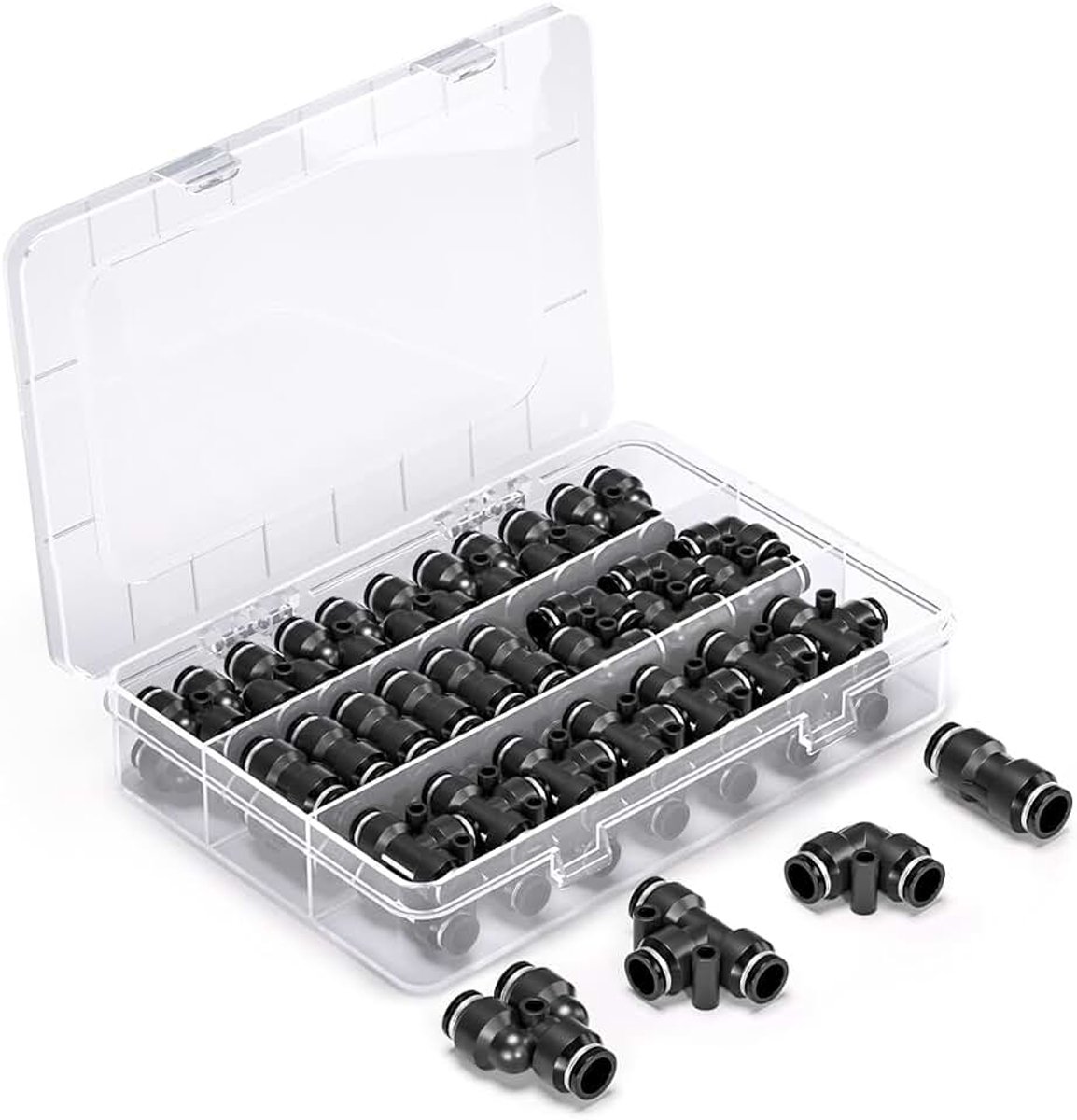 60 stuks 4mm zwarte Push to Connect Pneumatische Fitting Kit, 15 rechte, 15 splitters, 15 ellebogen, 15 Tee types snelkoppelingen Pneumatische connectoren