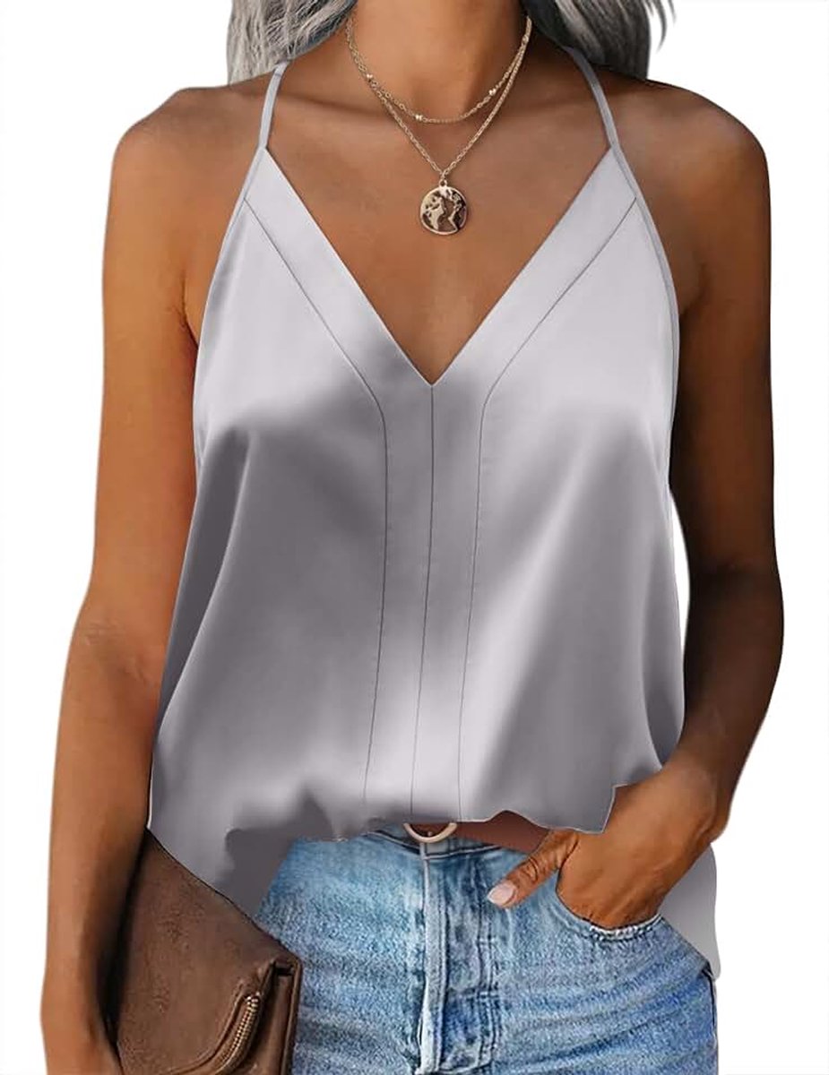 Satijnen camisole tanktop voor dames, basic top met spaghettibandjes, verstelbare spaghettibandjes, V-hals, grijs, XXL