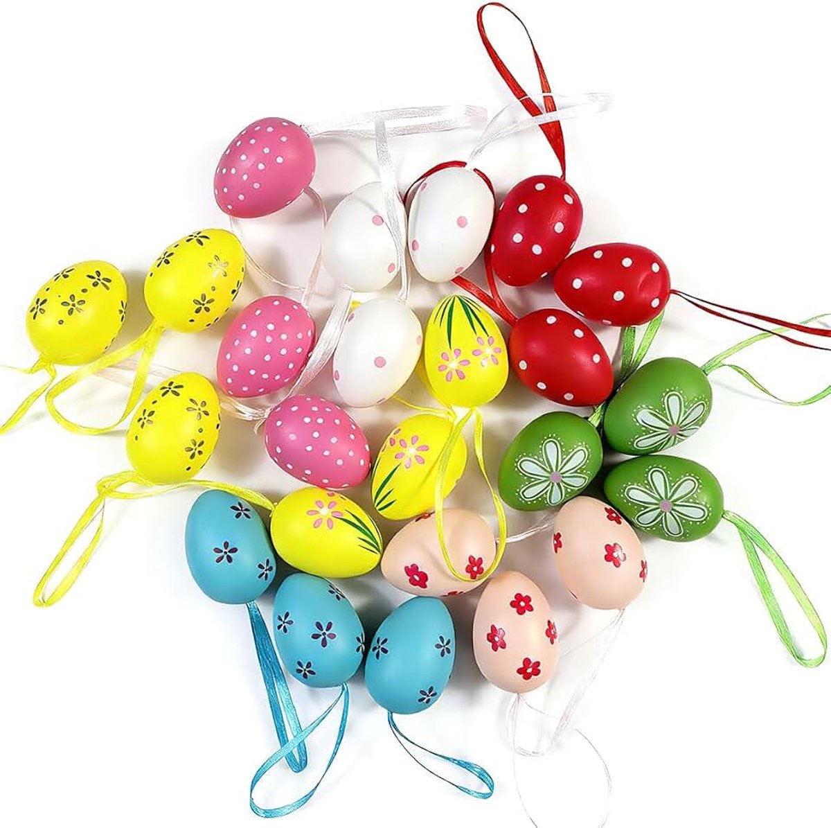 24 stuks plastic eieren, 4 cm, met strik, kleurrijke paaseiermotieven, feestdecoratieeieren voor lente, tafeldecoratie, knutselen en paasfeest