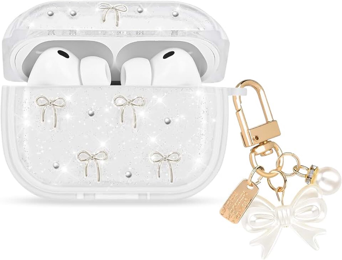 Transparante beschermhoes voor Airpods Pro 3, schattige esthetische glitter strikken patroon ontwerp met strik parel sleutelhanger voor meisjes en vrouwen zachte TPU schokbestendige hoes voor