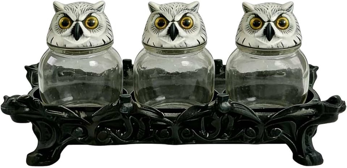 Uilenpotten Met Deksel 3-delige set voor losse thee en kruiden | Heksenstijl Apothekerspotten Voor Thuiskoks, Pagans, Wiccans, Verzamelaars, Keuken, Woonkamer, Slaapkamer, Appartement,