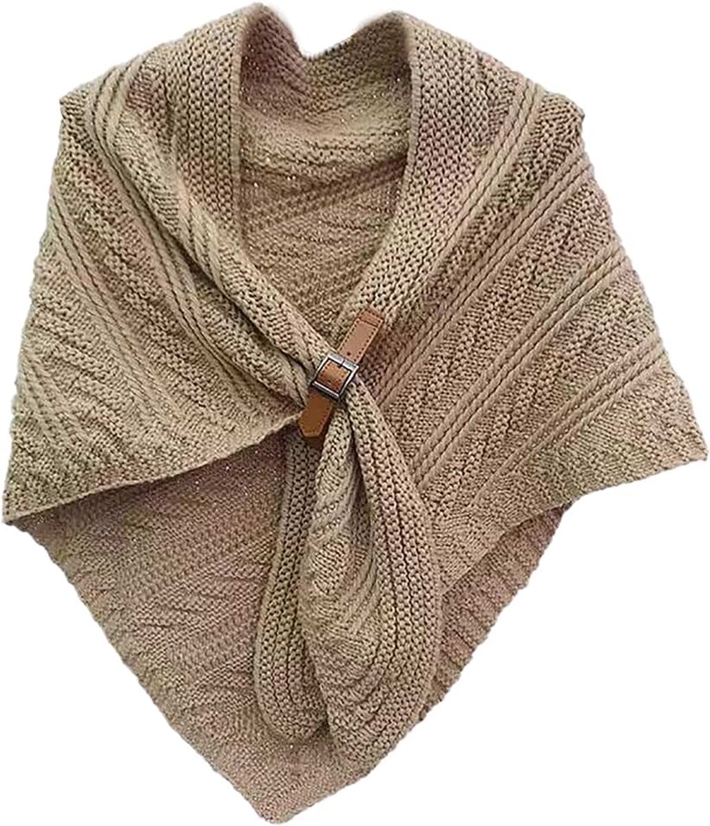 Poncho voor vrouwen, driehoekige gebreide poncho, sjaal, cape, winter, warme wikkel met lederen gesp