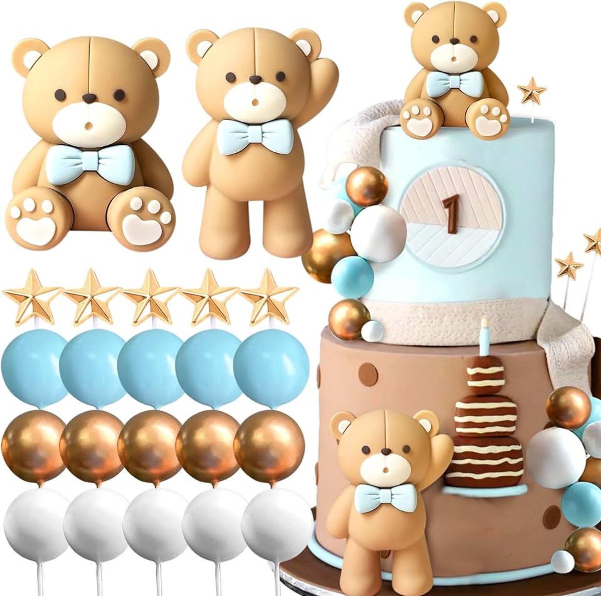 Taartdecoratie blauwe beer met blauwe en gouden ballen babyshower | Taartdecoratie blauwe beer met blauwe en gouden ballen taartdecoratie verjaardag en babyshower