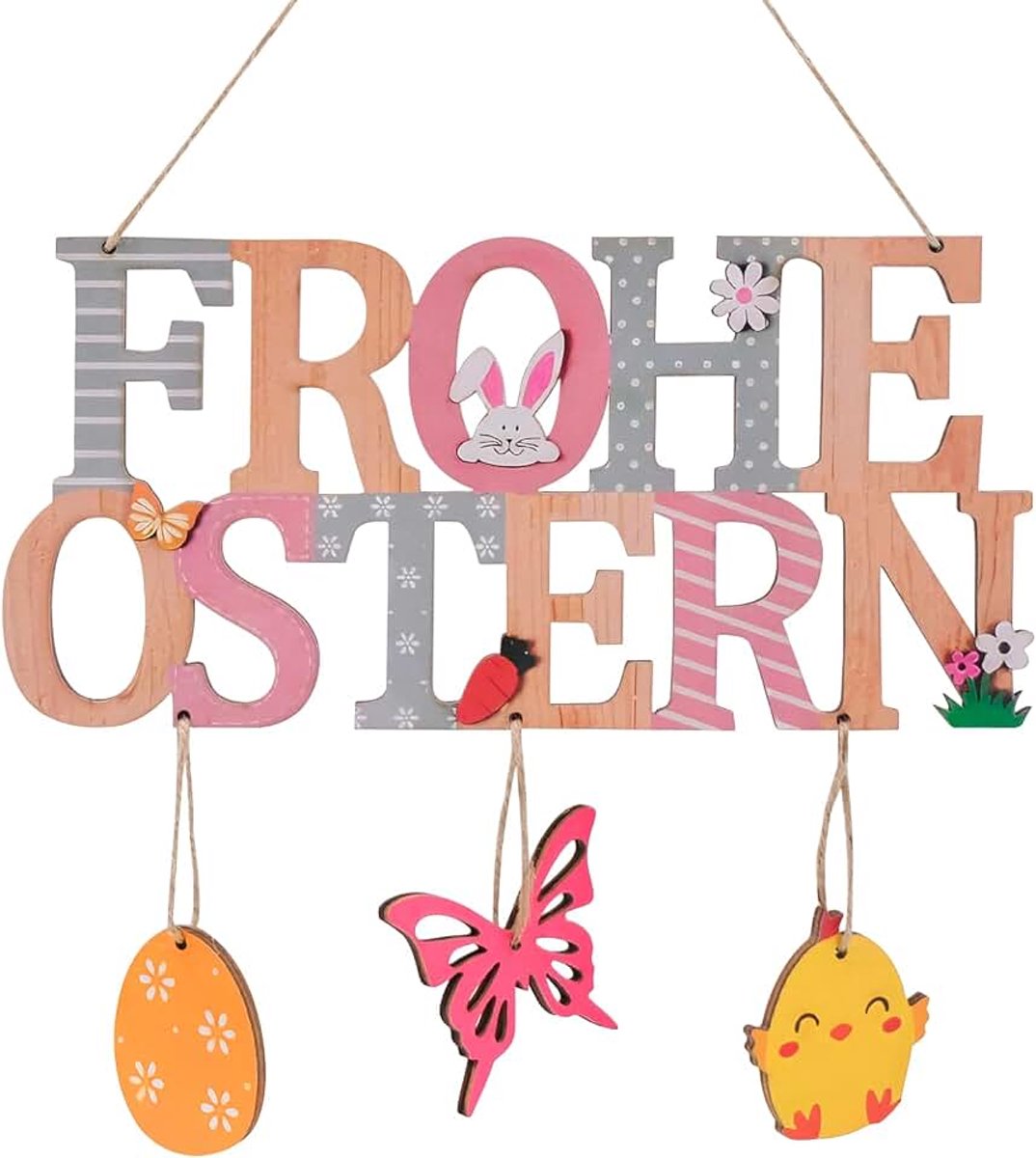 Paasdecoratie om op te hangen, paasdecoratie, deurhanger, vrolijk Pasen, paasdecoratie, houten bord, groen, lentedecoratie, pastel, 29 x 44 cm, voor voordeur