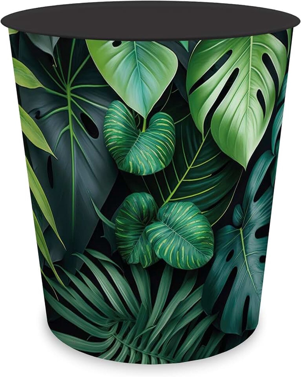 Itenga Prullenbak voor kinderen en volwassenen met motief - rond ca. 11 liter - prullenbak voor kinderkamer en kantoor - stevige kunststof (motief jungle bladeren)