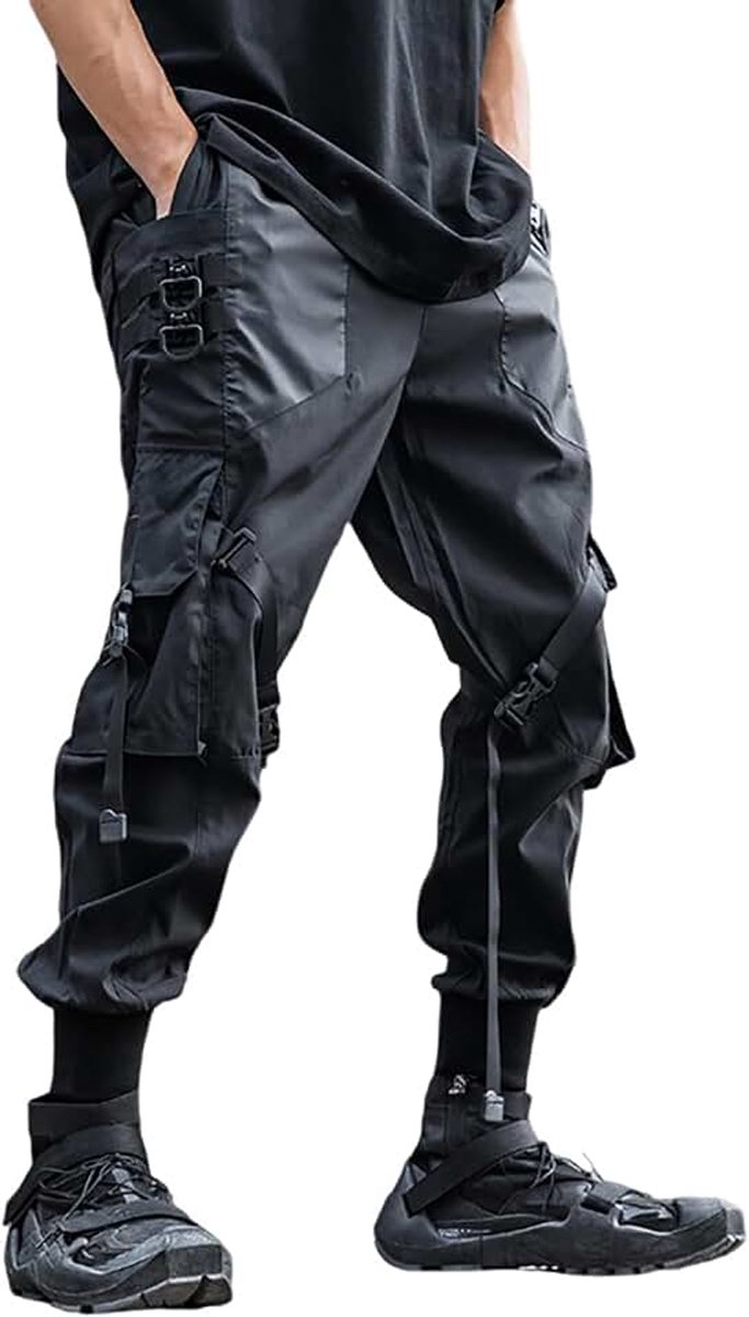 Zwarte streetwear broek voor heren, goth-joggingbroek, Techwear, hiphop, meerdere zakken, cargobroek met bandjes voor heren
