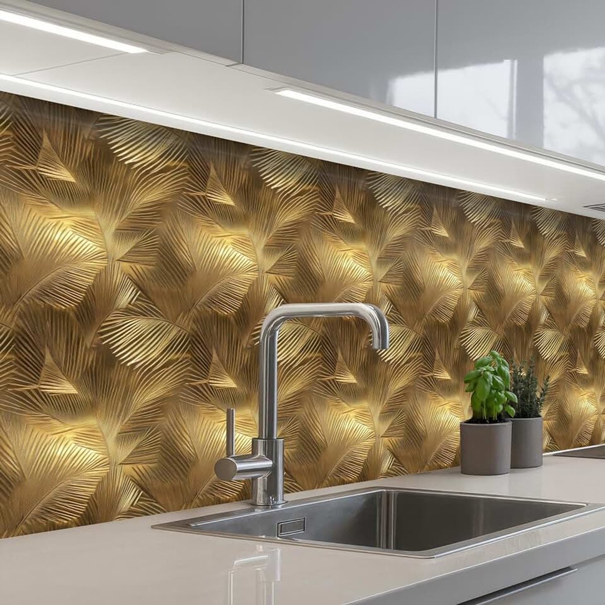 Keukenachterwand 60x250 cm zelfklevend keuken decoratie accessories home kitchen spatscherm Palm - Waaier - Goud