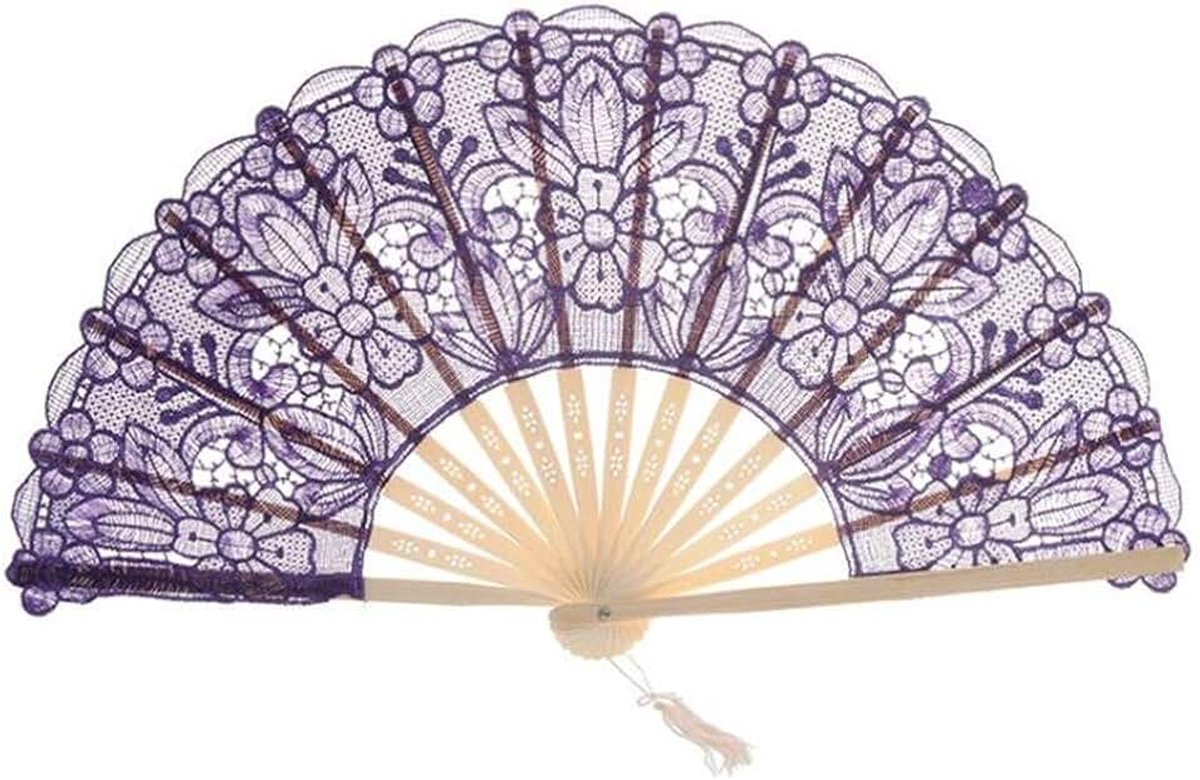 Sugar Ventilatoren, opvouwbaar, dames, retro, vintage, barok, meisjes, nikkel, antiek, bamboe, kant, hout, bruid, avondkostuum, zomer (paars)