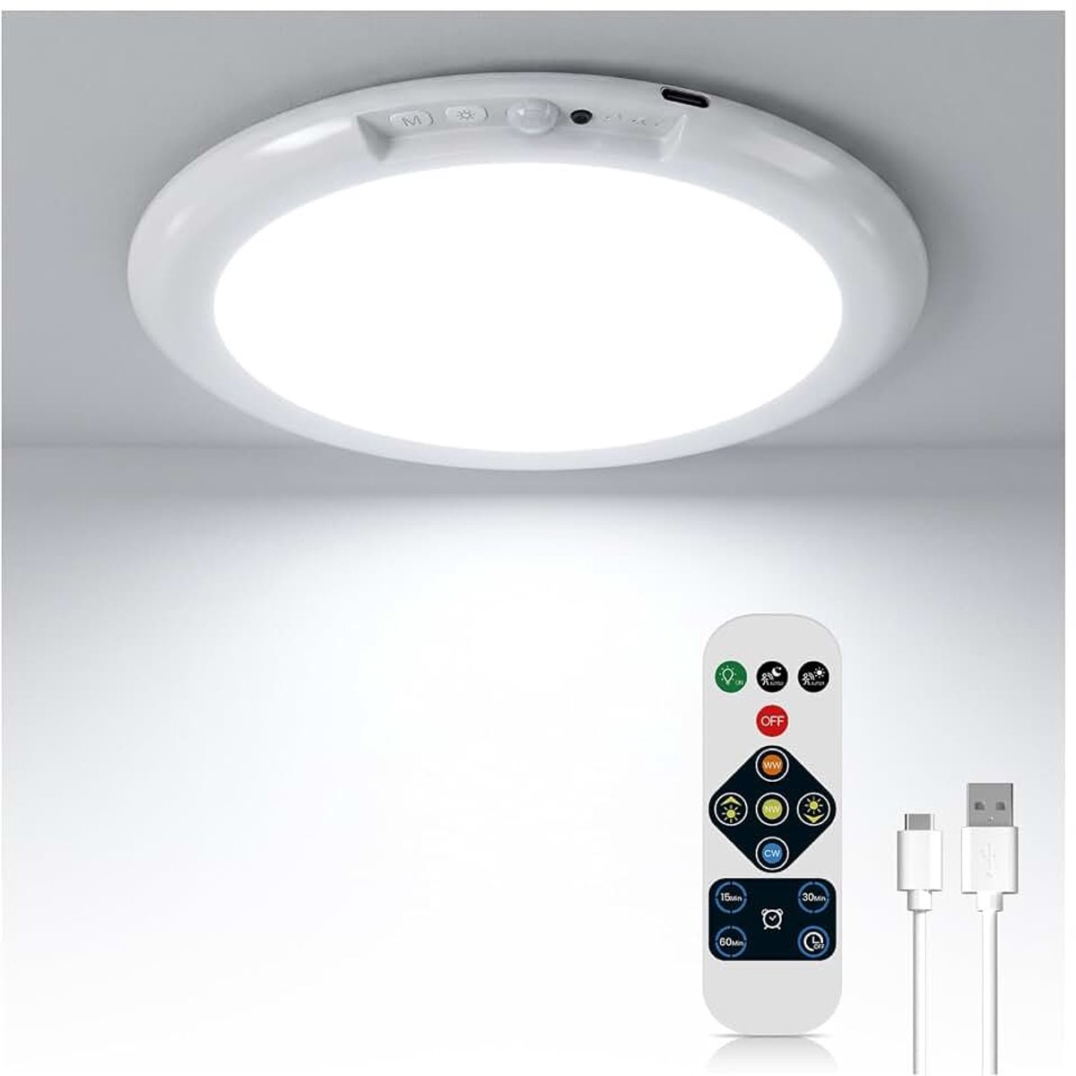 Plafondlamp met Bewegingssensor, 10000mAh Accu, Plafondlamp met Afstandsbediening, 3 Kleurtemperaturen, Dimbaar, USB-C Oplaadbare LED-plafondlamp