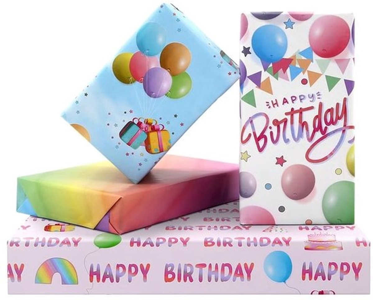 Roze en blauwe ballon cadeaupapier - Verjaardagsinpakpapier - 4 vellen 50x71cm - Schattige regenboog taart - Geschikt voor babyshower