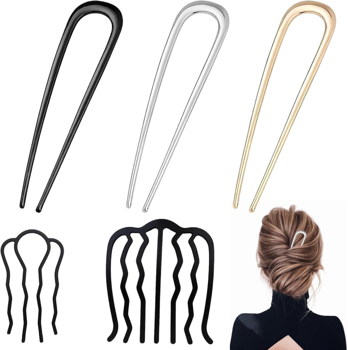 Haarspeldenset, bevat 3 Franse haarspelden en 2 U-vormige haarkammen, 14 cm metalen Franse pin, Franse haarspeld voor ceremonies, afstudeerfeesten, prachtige gelegenheden