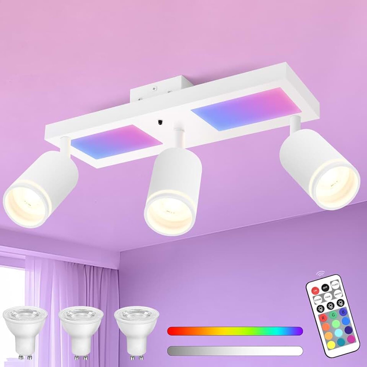 Led-plafondlamp, 3 spots, dimbaar, met afstandsbediening, RGB 25 W, 2850 lm, plafondspots, GU10, draaibaar, wit, plafondlamp, spot met onderlicht, 10 W + 3 x 5 W, GU10, voor woonkamer, keuken